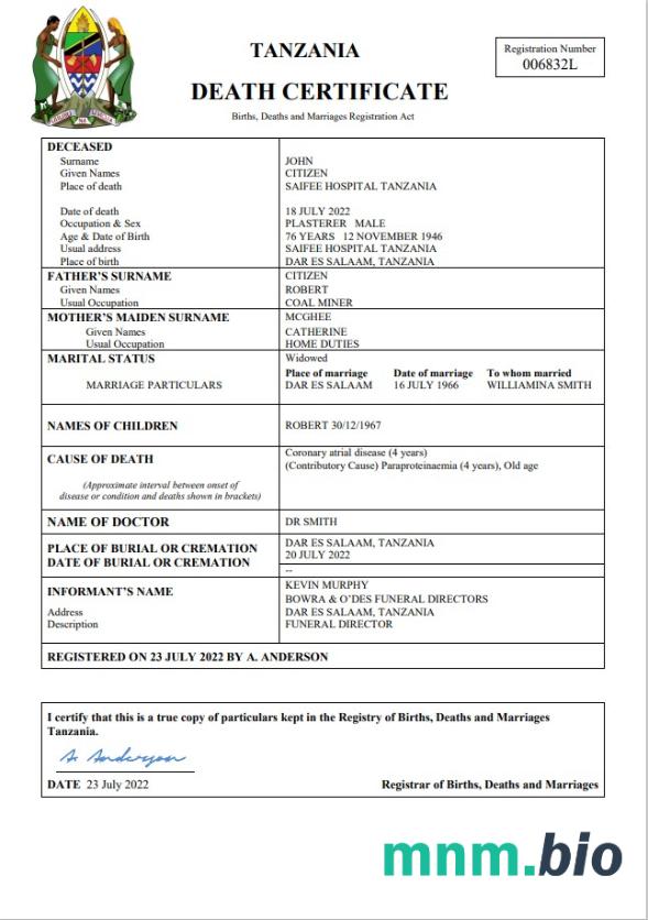 Tanzania rekord życiowy śmierć certyfikat Word i PDF szablon